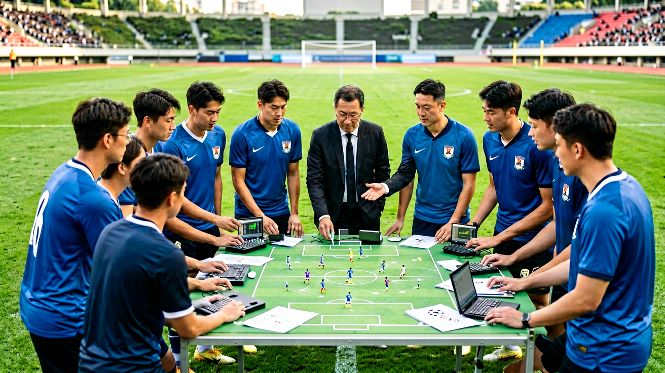 足球队员在场边围成一圈进行战术布置,教练指导比赛策略